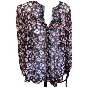Chelsea & Theodore Navy Floral Balloon Sleeve Boho Flowy Casual Office Blouse  L